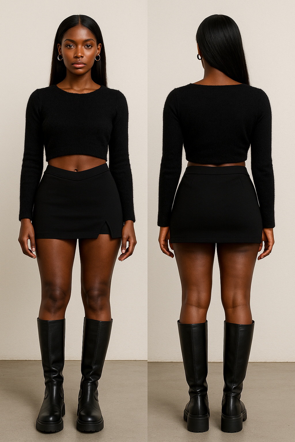 Person wearing a black outfit with knee-high boots, shown from front and back.