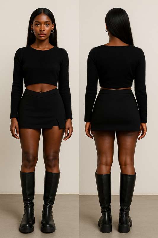 Person wearing a black outfit with knee-high boots, shown from front and back.